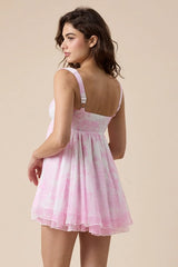 Layla White Pink Floral Toile Babydoll Mini Dress