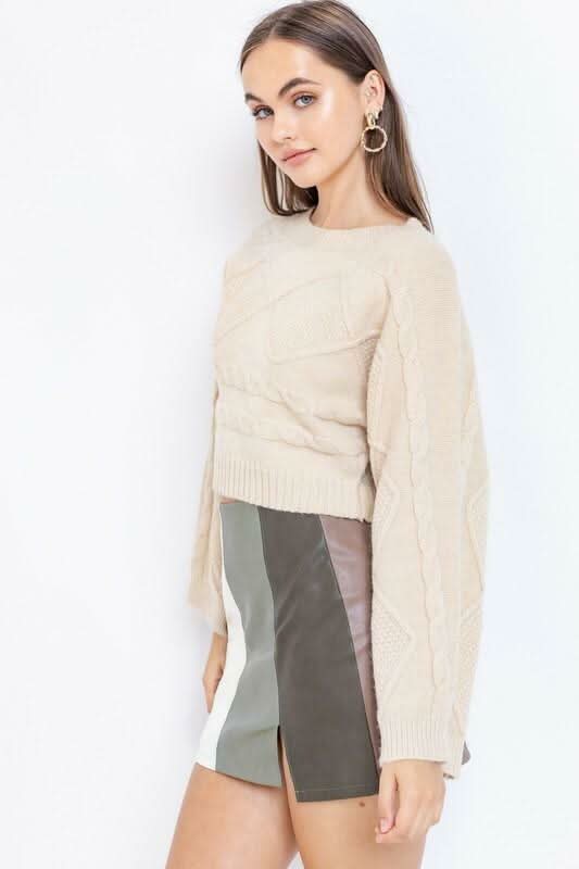 Luca Beige Cable Knit Bell Sleeve Sweater