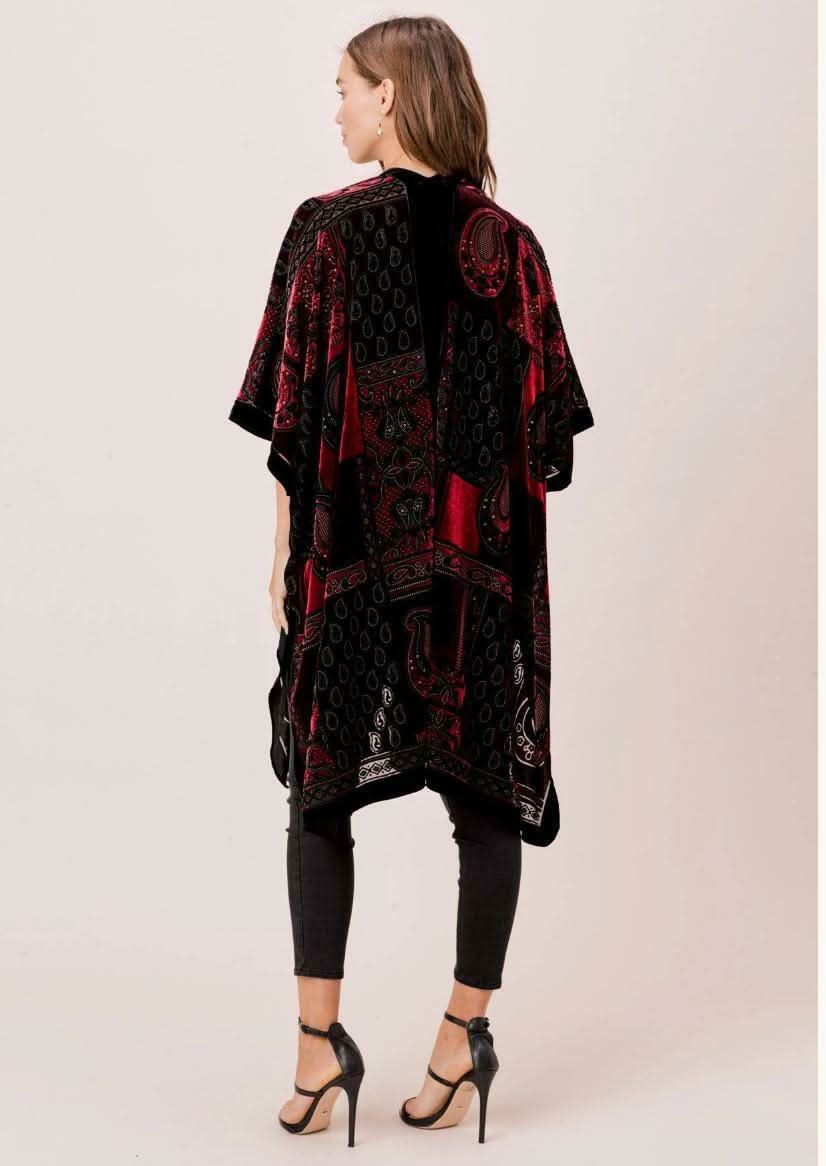 Natalia Burgundy Paisley Burnout Velvet Kimono