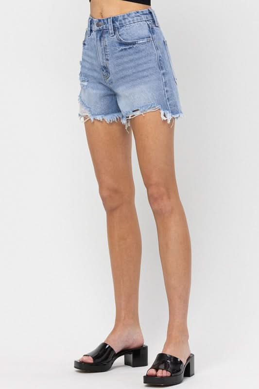 Tara Medium Wash High Rise Distressed Denim Shorts