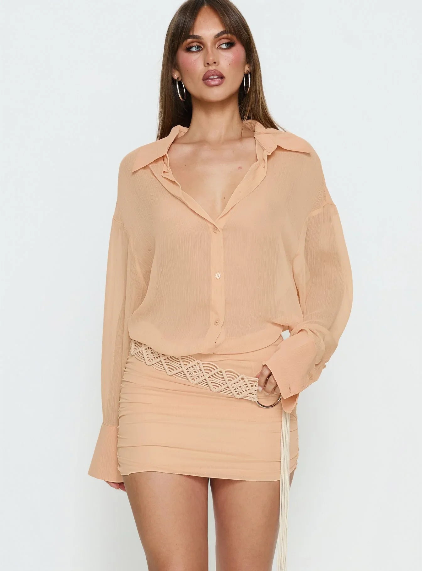 Moonrising Long Sleeve Sheer Blouson Mini Dress Soft Orange
