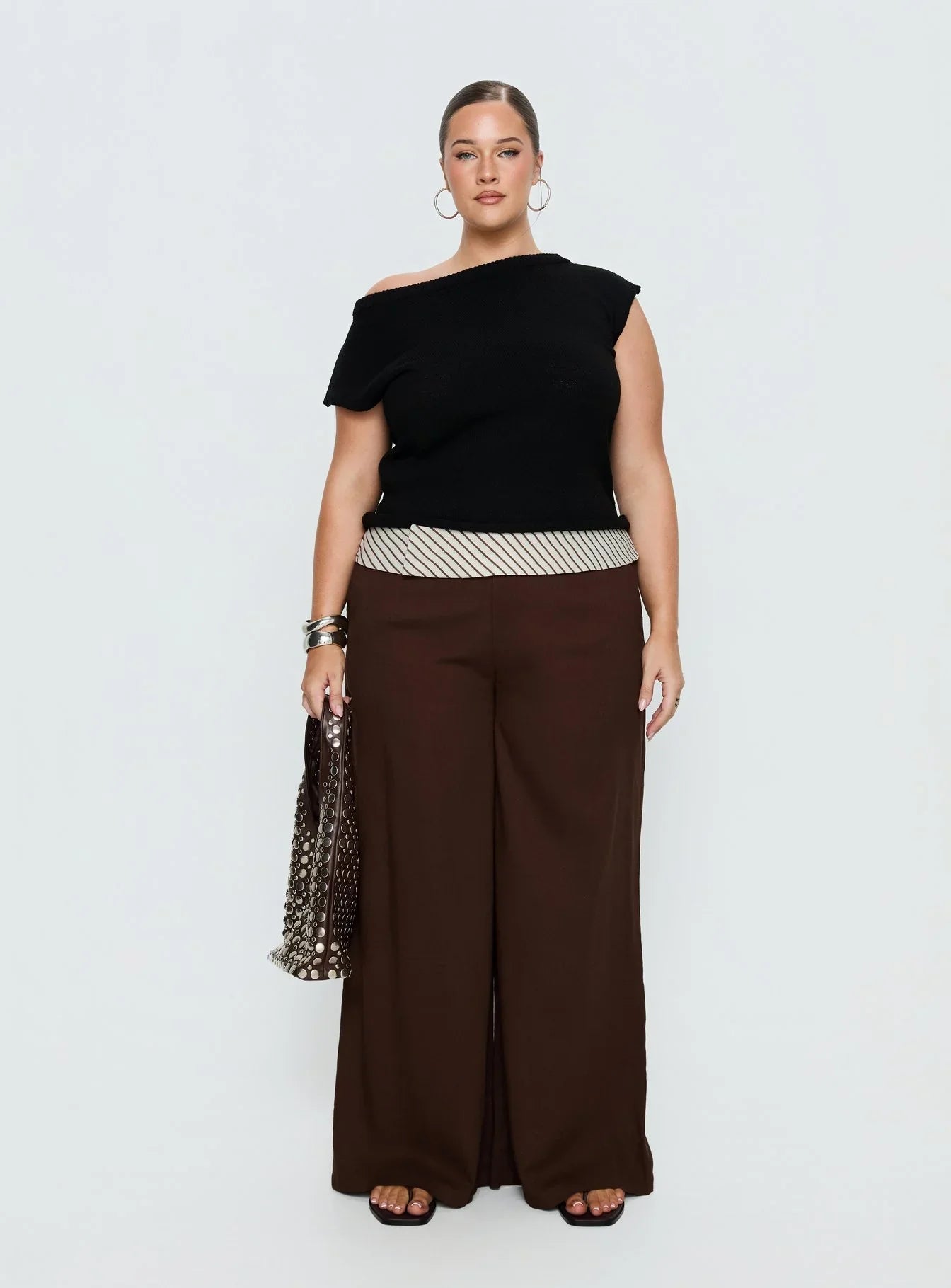 Past Life Fold Over Waistband Pant Brown / Stripe Curve