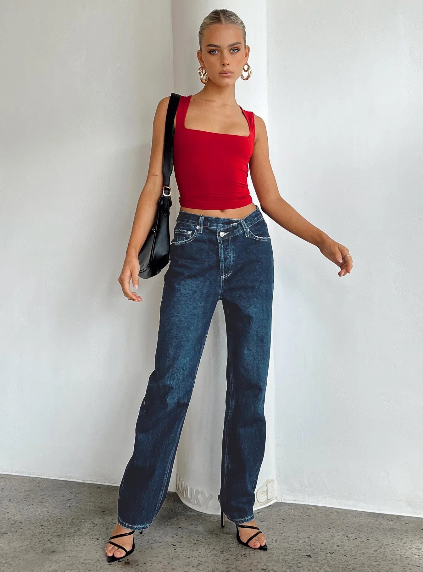 Holly Asymmetric Straight Leg Jean Dark Wash Denim