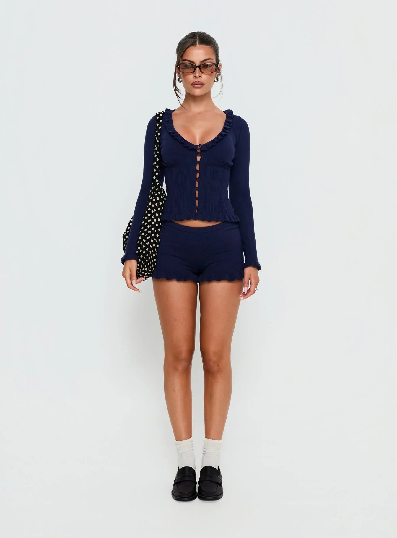 Ceria Frill Knit Long Sleeve Top Navy