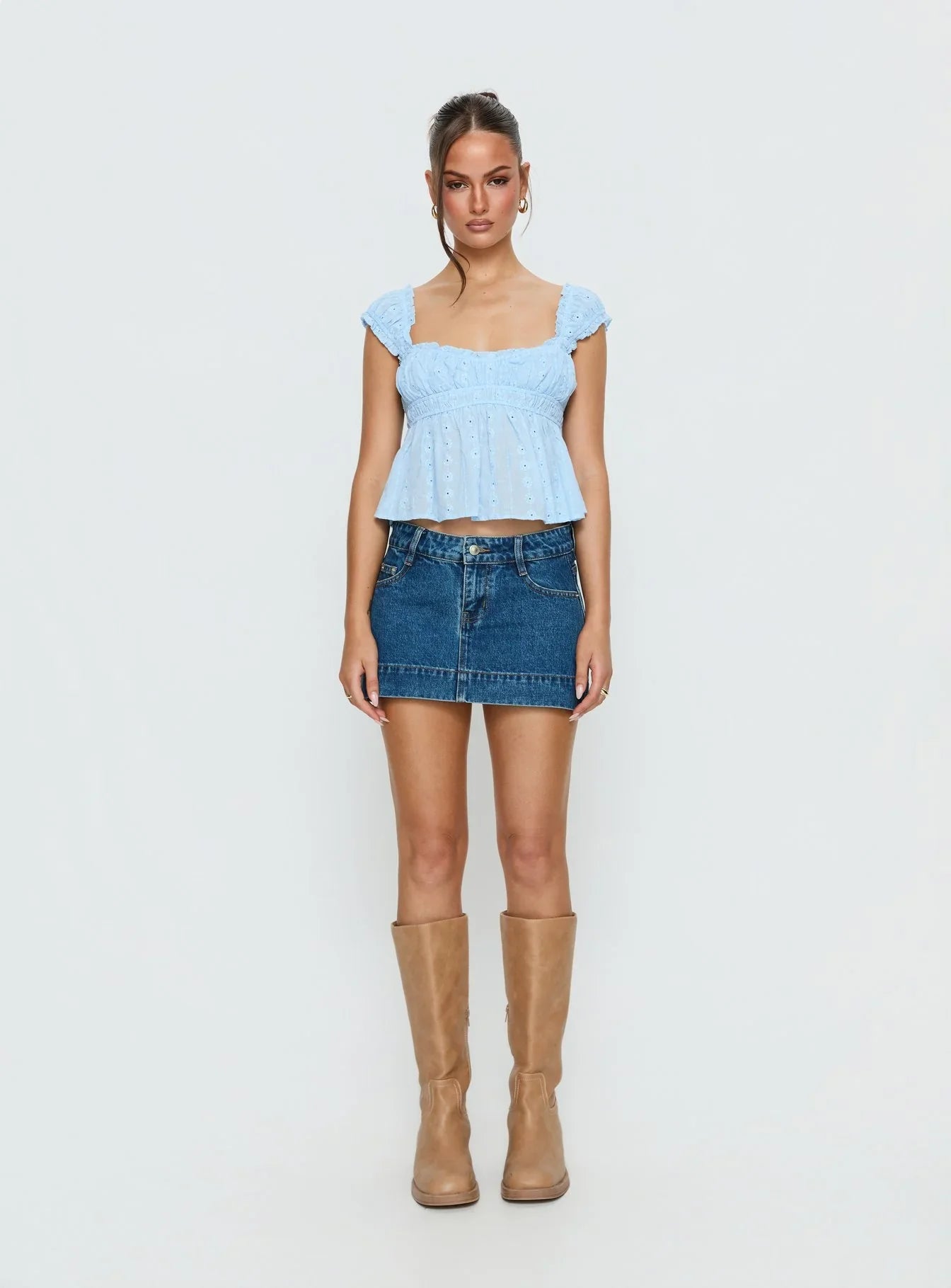 Warna Low Rise Denim Mini Skirt Mid Blue Wash