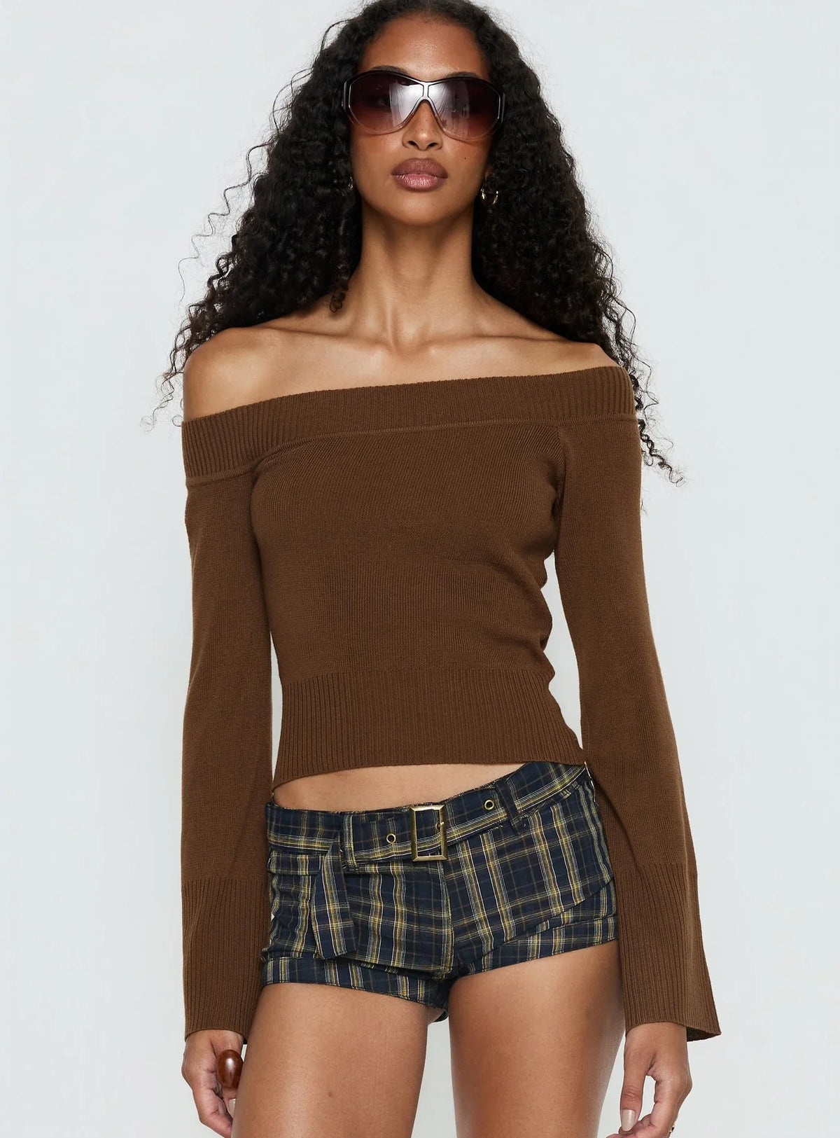 Perrey Long Sleeve Off Shoulder Knit Top Brown