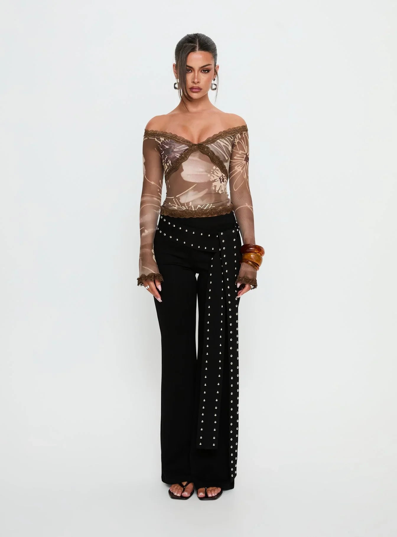 Katlyne Long Sleeve Lace Trim Top Brown Floral