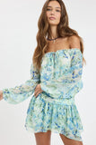 Pixie Blue Watercolor Floral Off The Shoulder Romper Dress