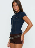 Liyana Denim Zip Up Short Sleeve Shirt Mid Blue