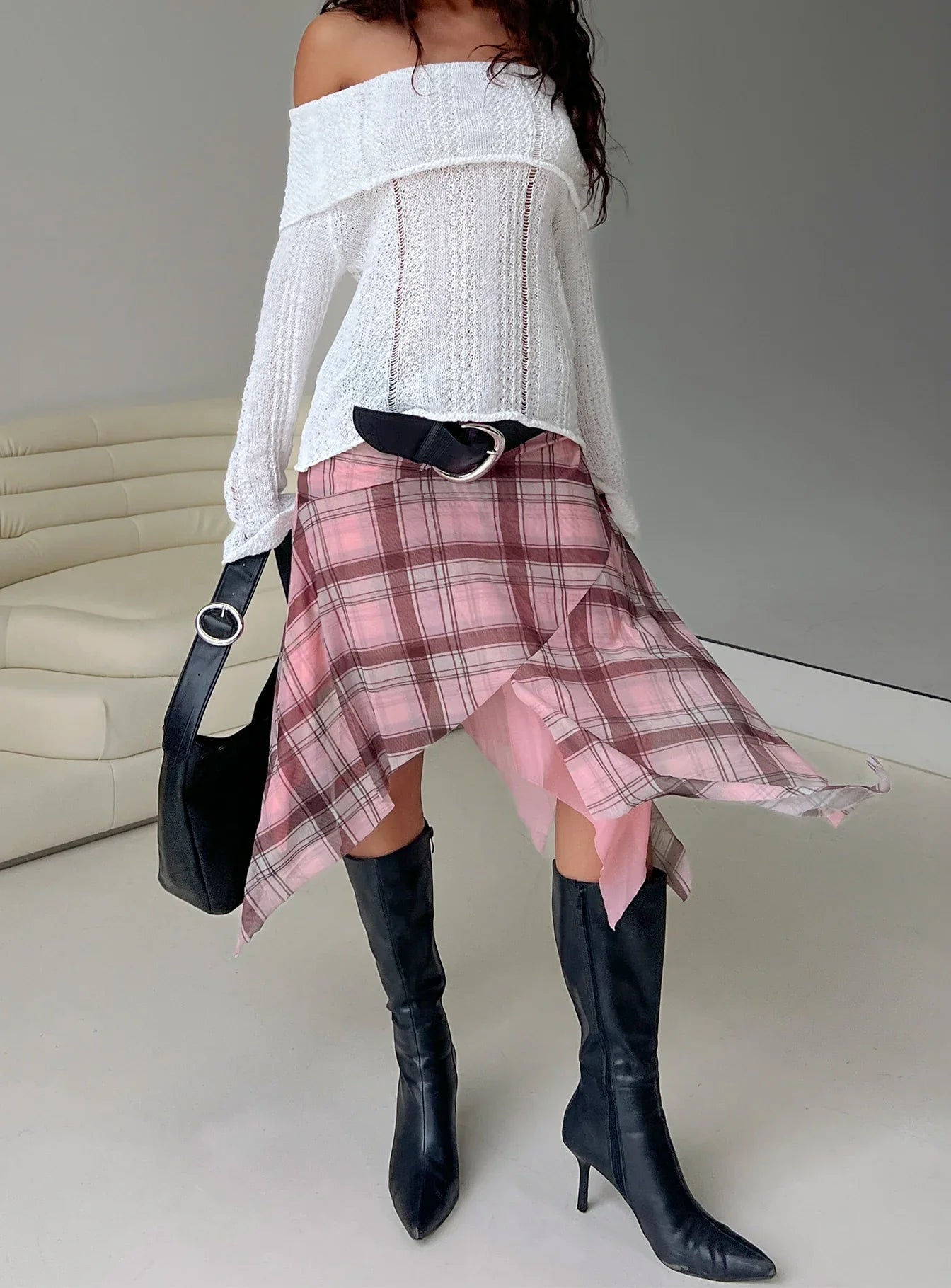 Anali Asymmetrical Midi Skirt Pink Multi Check