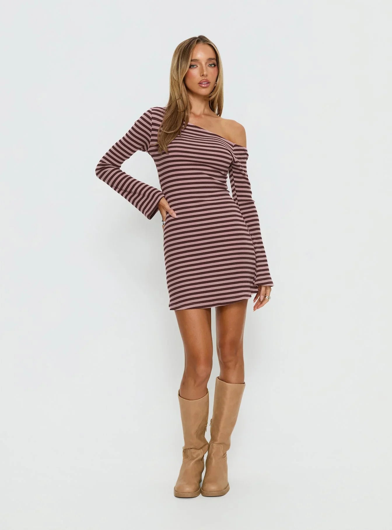 Adrietta Long Sleeve Off Shoulder Mini Dress Chocolate Pink Stripe