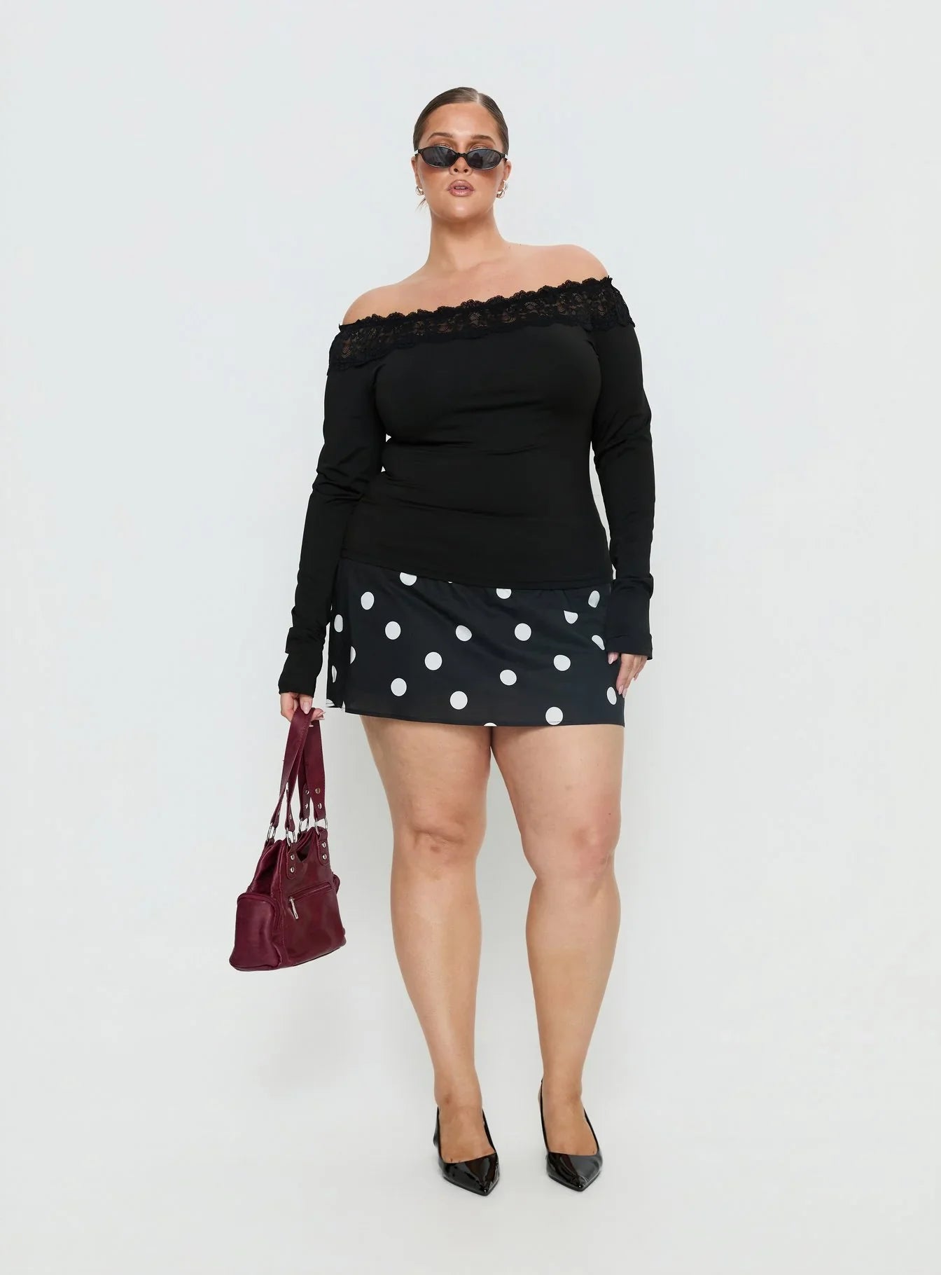 Breiann Lace Off Shoulder Long Sleeve Top Black Curve