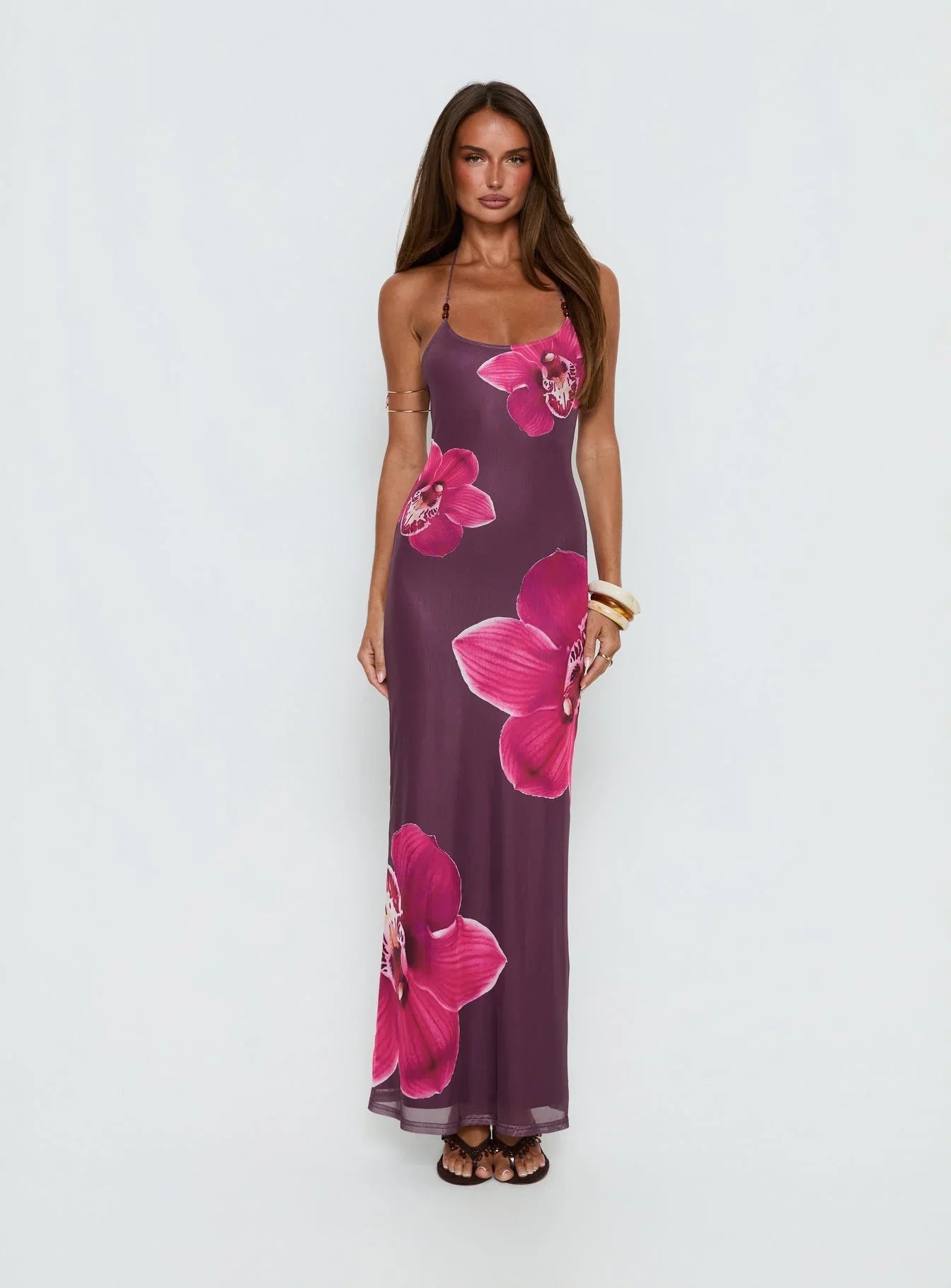 Kamina Beaded Halter Maxi Dress Plum Floral