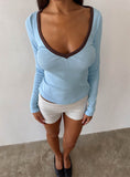 Baseline V Neck Long Sleeve Top Blue Brown