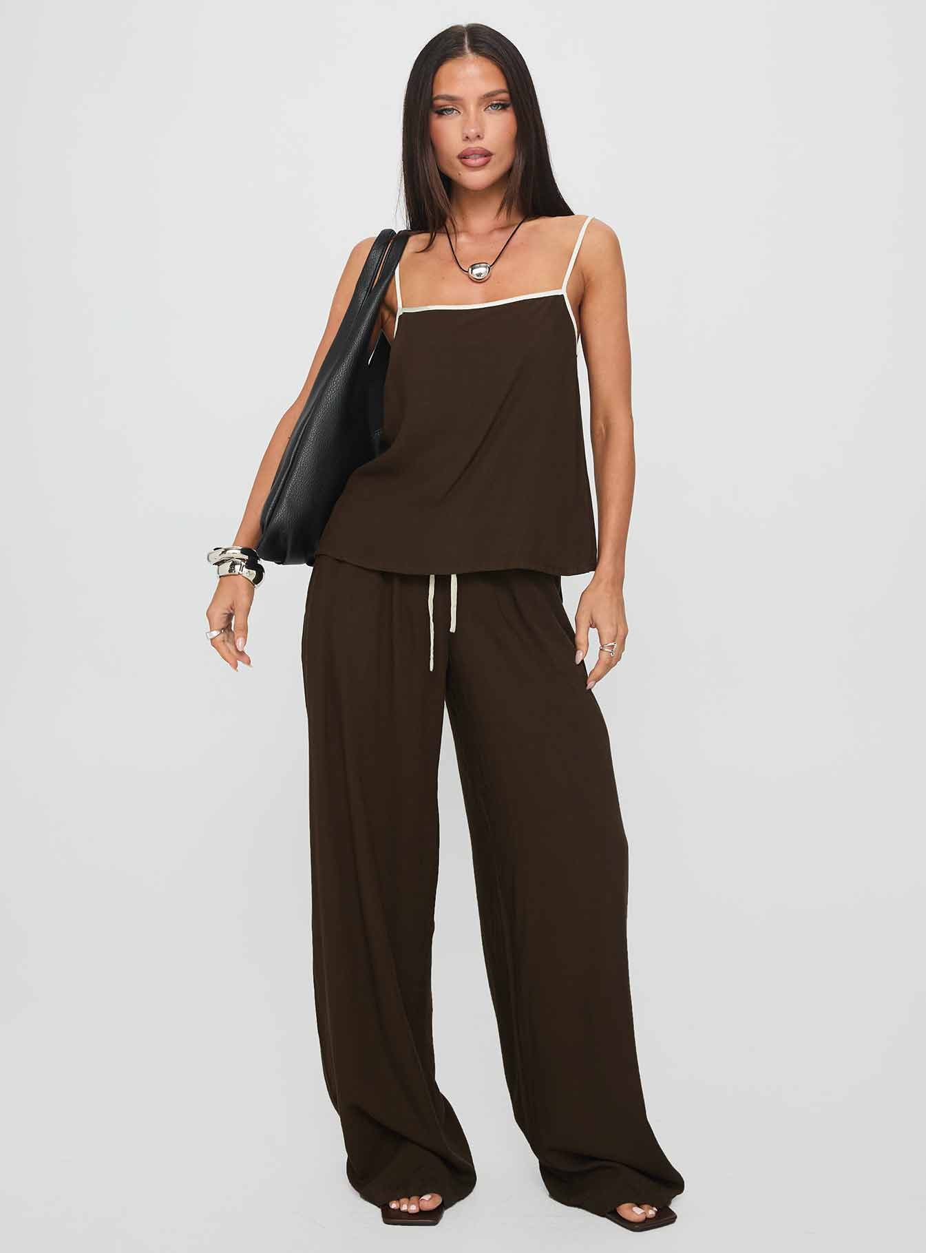 Nolei Contrast Pants Set Chocolate / White