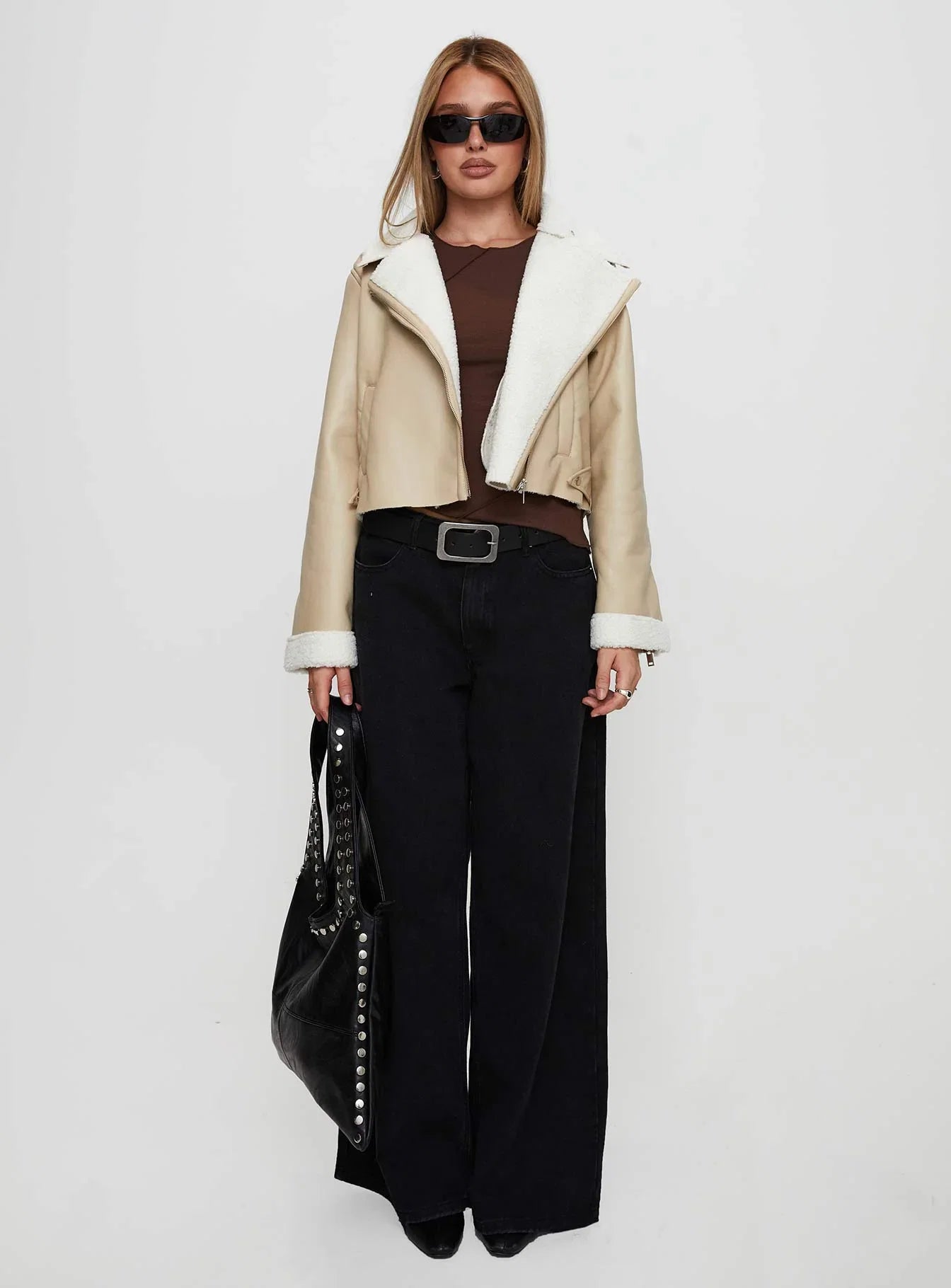 Shearling Trim Faux Leather Jacket Beige