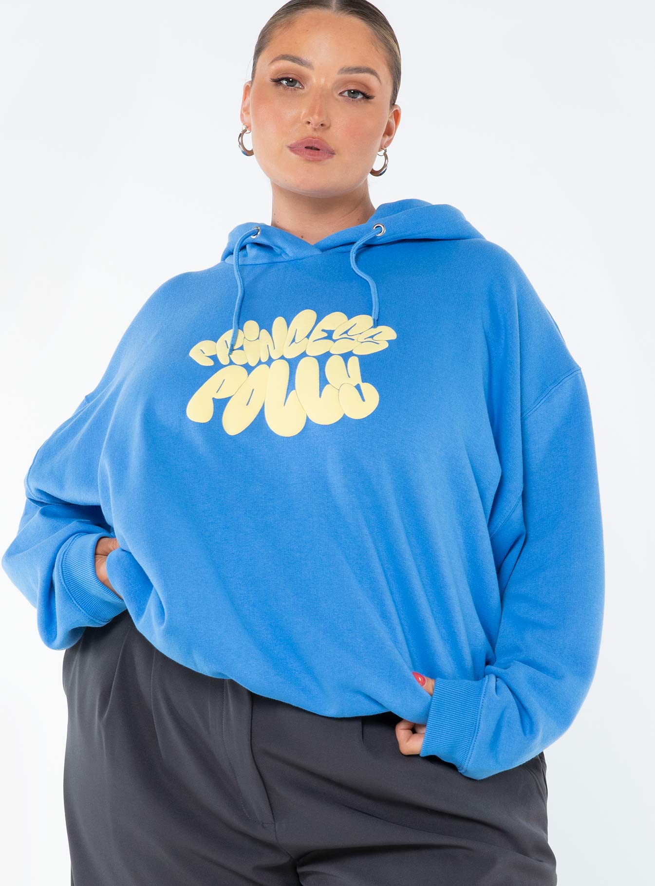Princess Polly Hooded Sweatshirt Bubble Text Blue Yellow Curve
