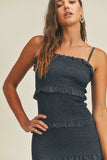 Quinn Navy Satin Smocked Ruffle Mini Dress