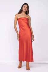 Irene Red Satin Strapless Maxi Dress