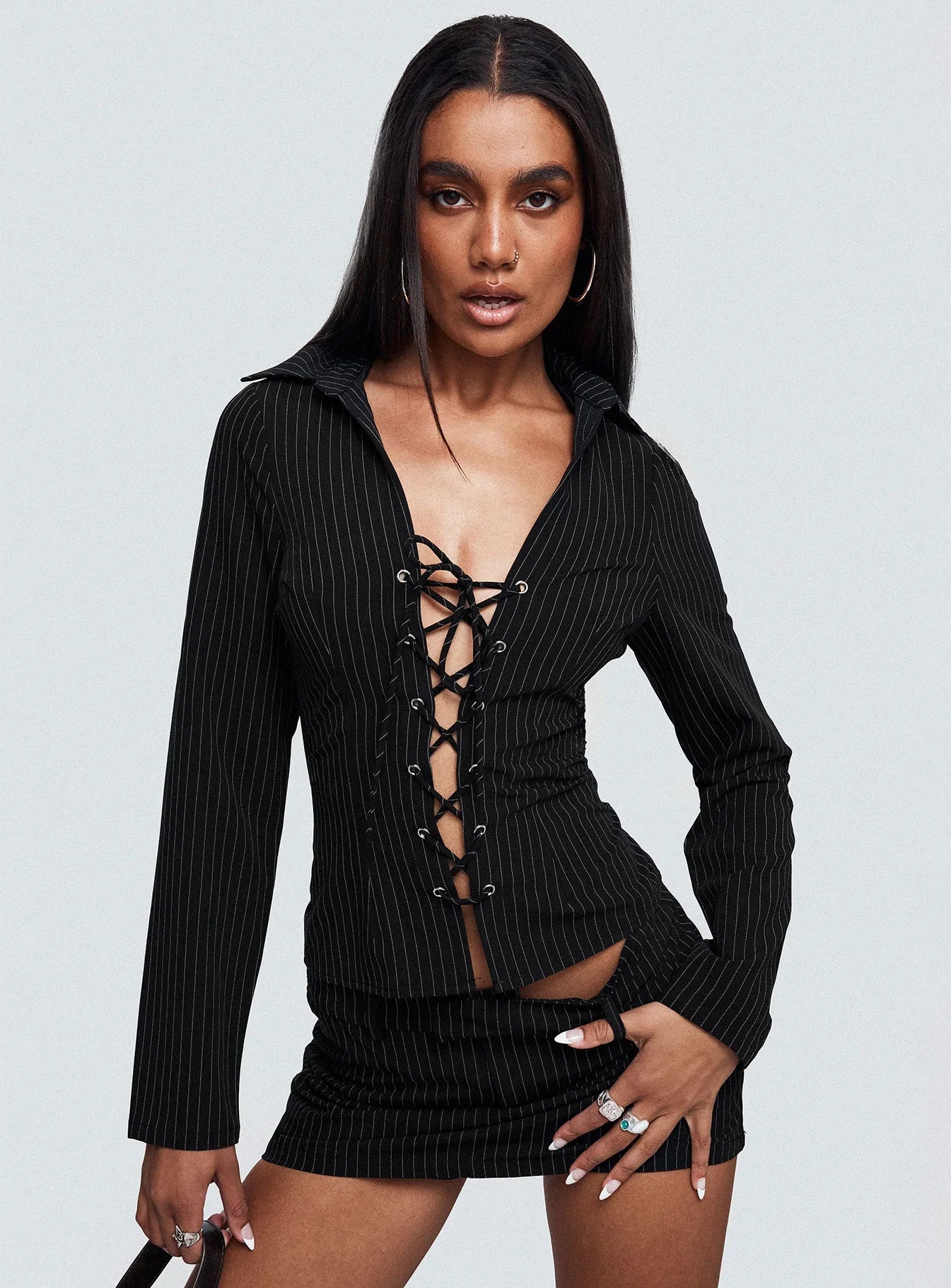 Feminique Tie Up Long Sleeve Top Black Stripe