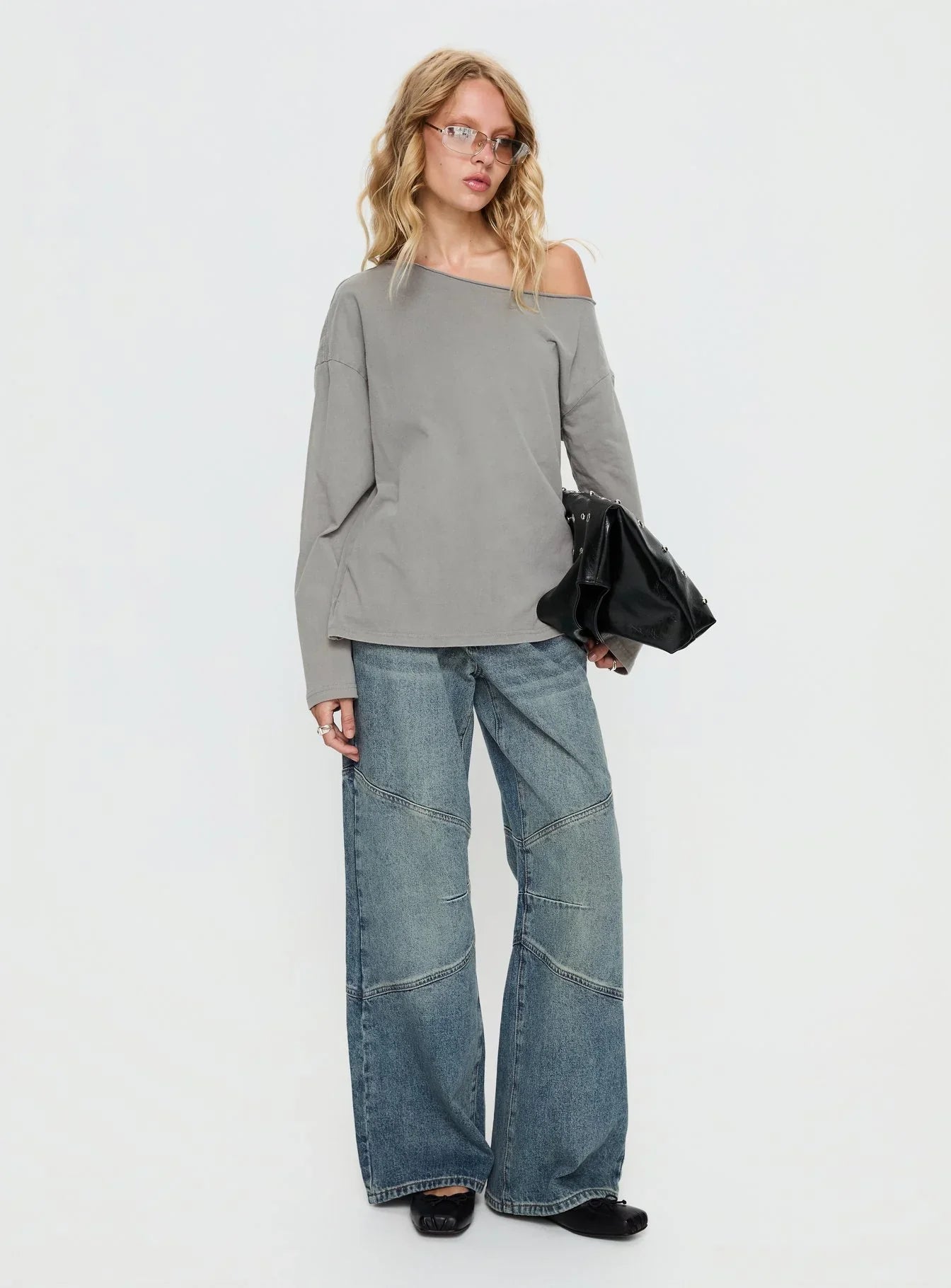 Karlyn Off Shoulder Long Sleeve Top Grey