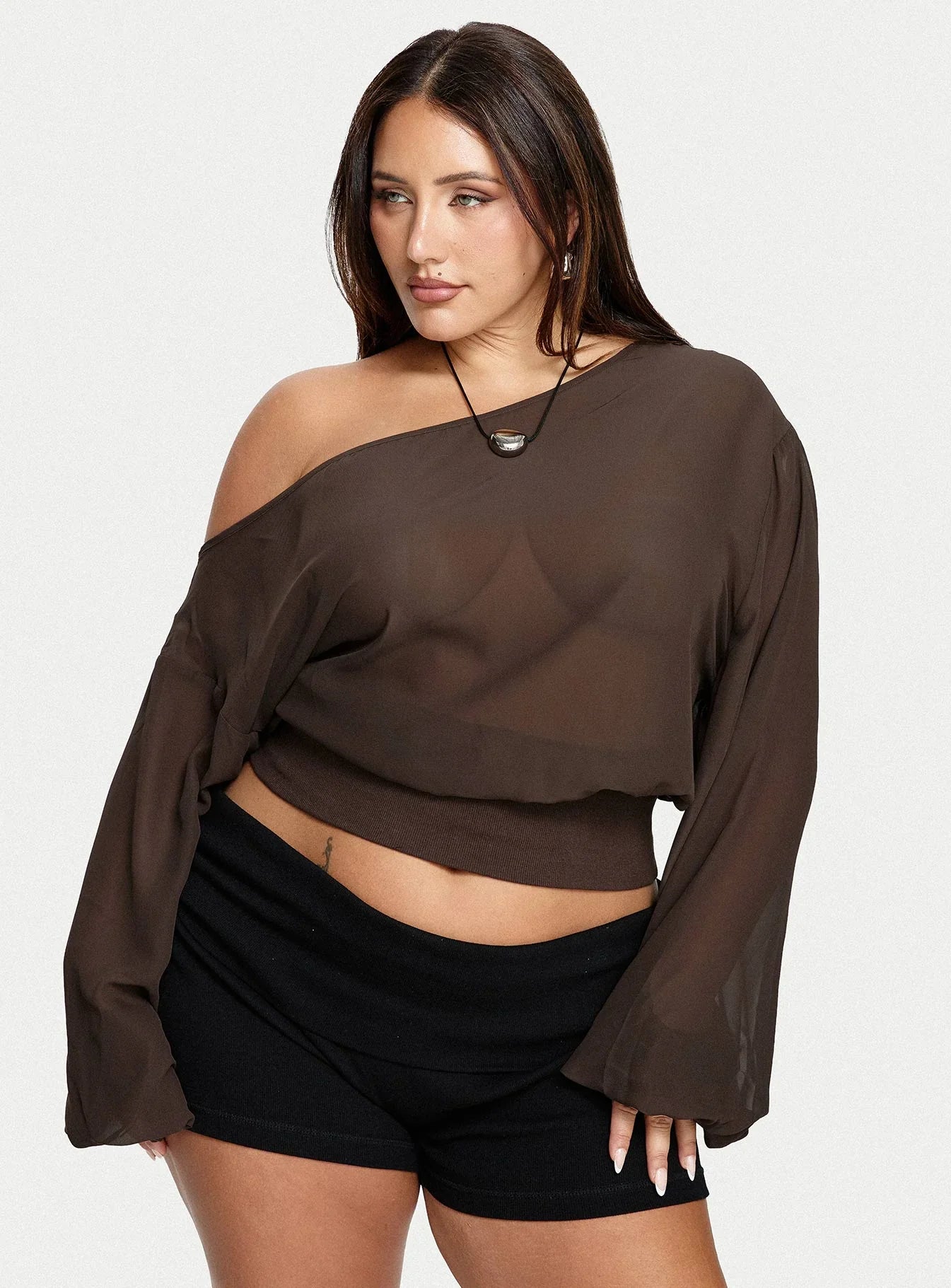 Idalina Slouchy Chiffon Top Brown Curve