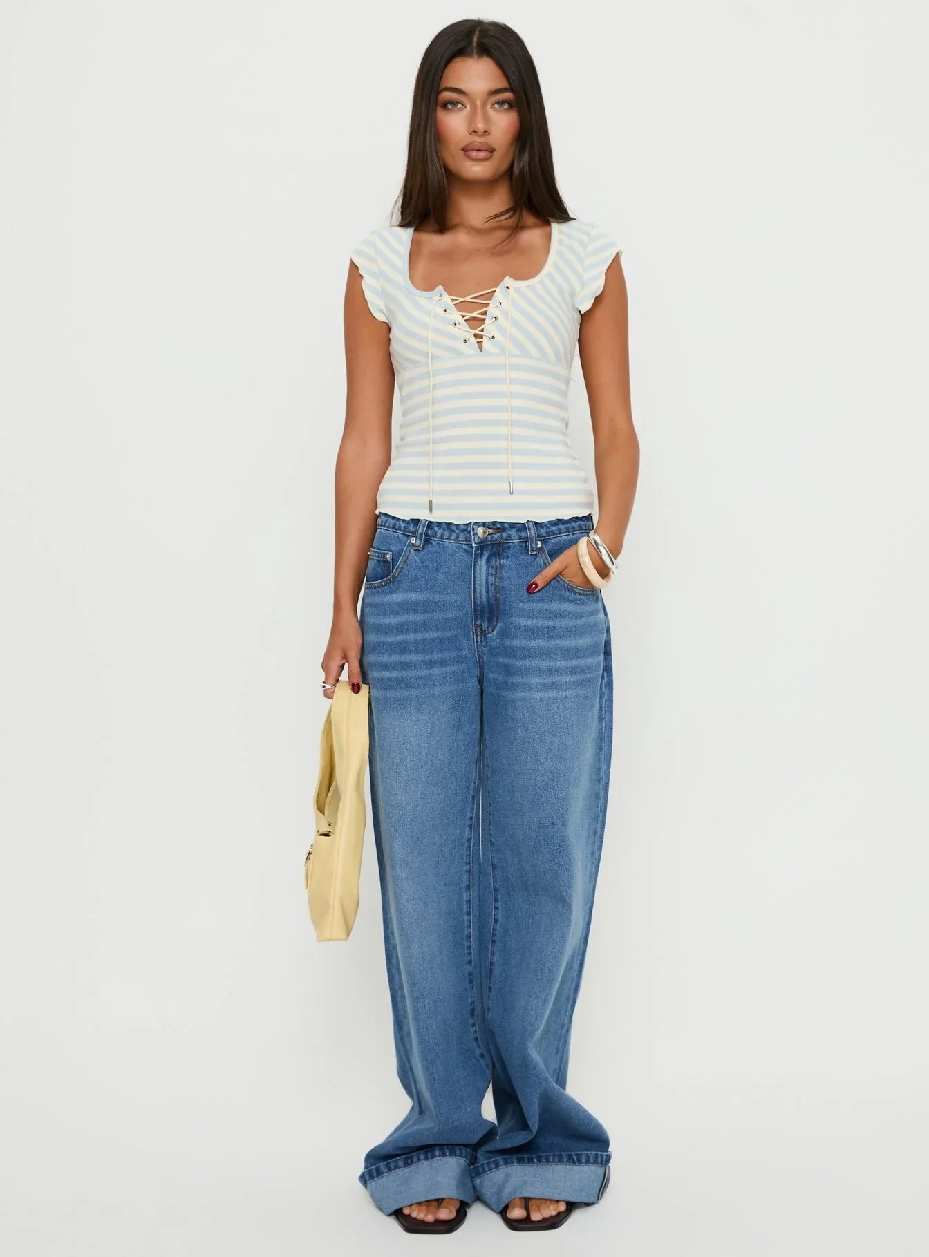 Jacenda Tie Up Short Sleeve Top Blue Stripe