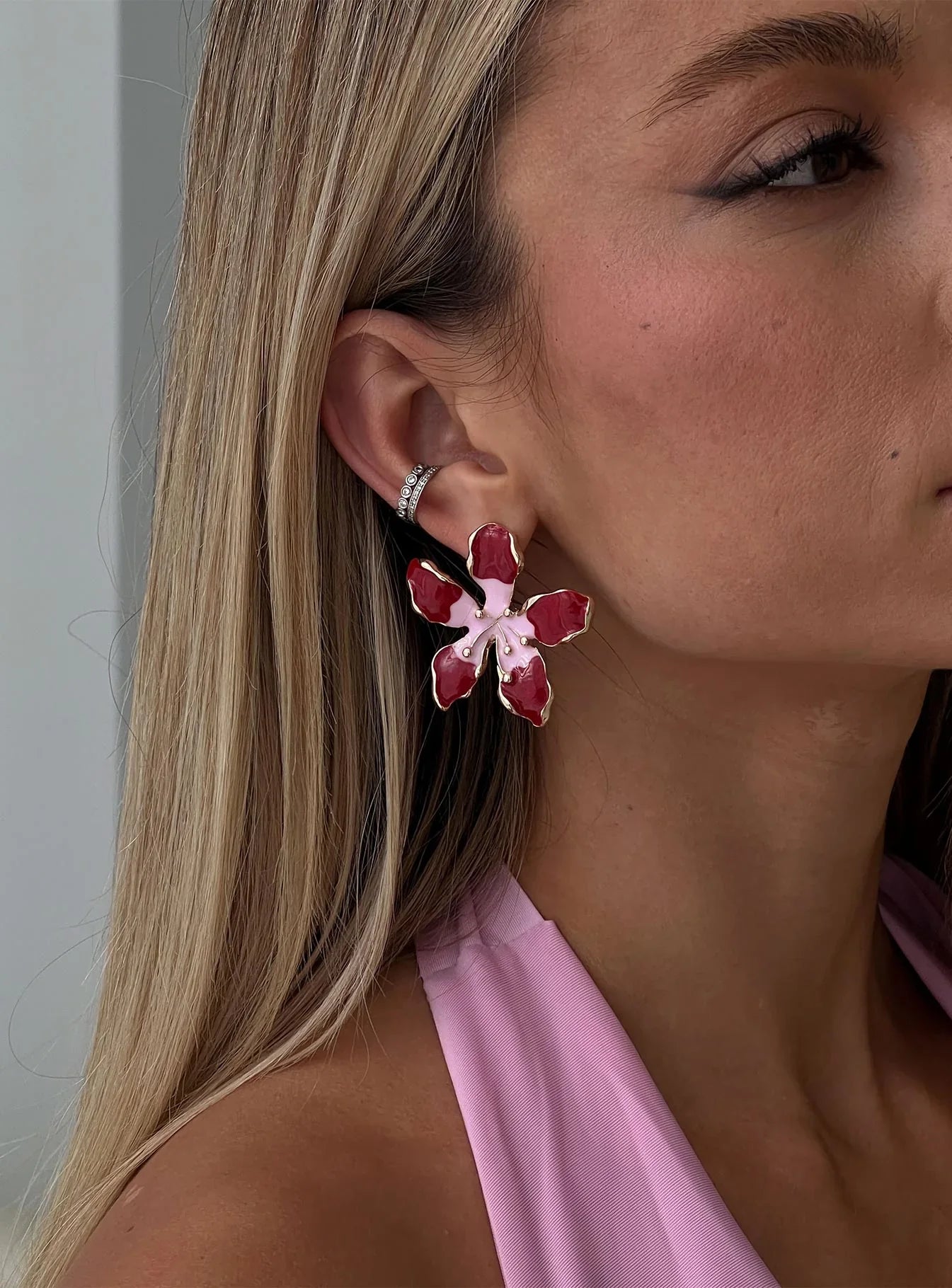 Ysabelle Flower Earrings Pink Red