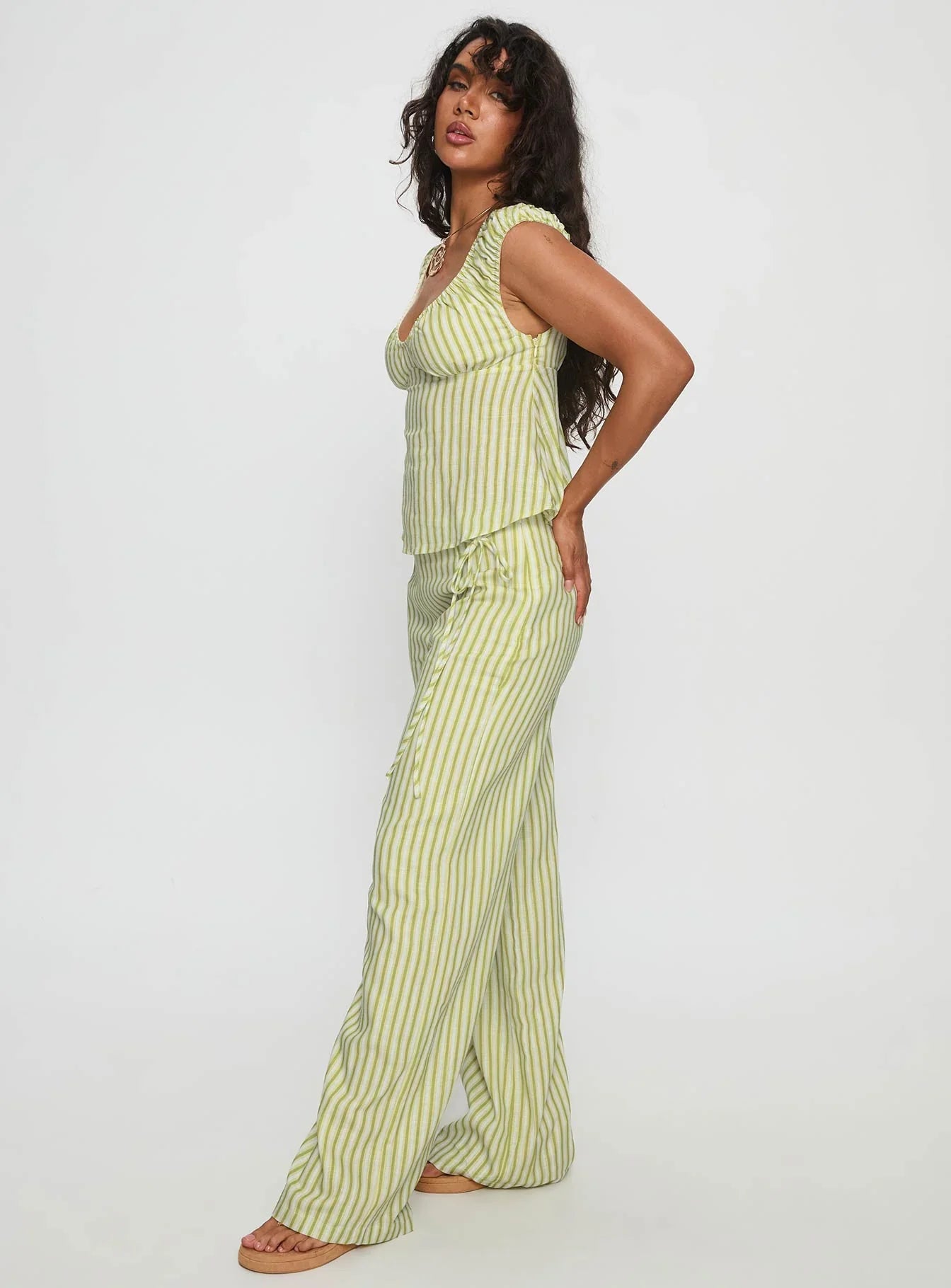 With Pleasure Tie Side Pant Green Blue Stripe