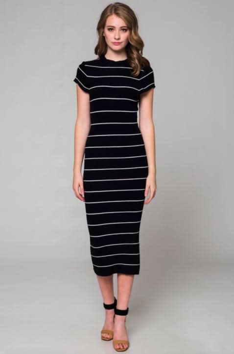 Obvious Fondness Black White Striped Midi Sweater Dress