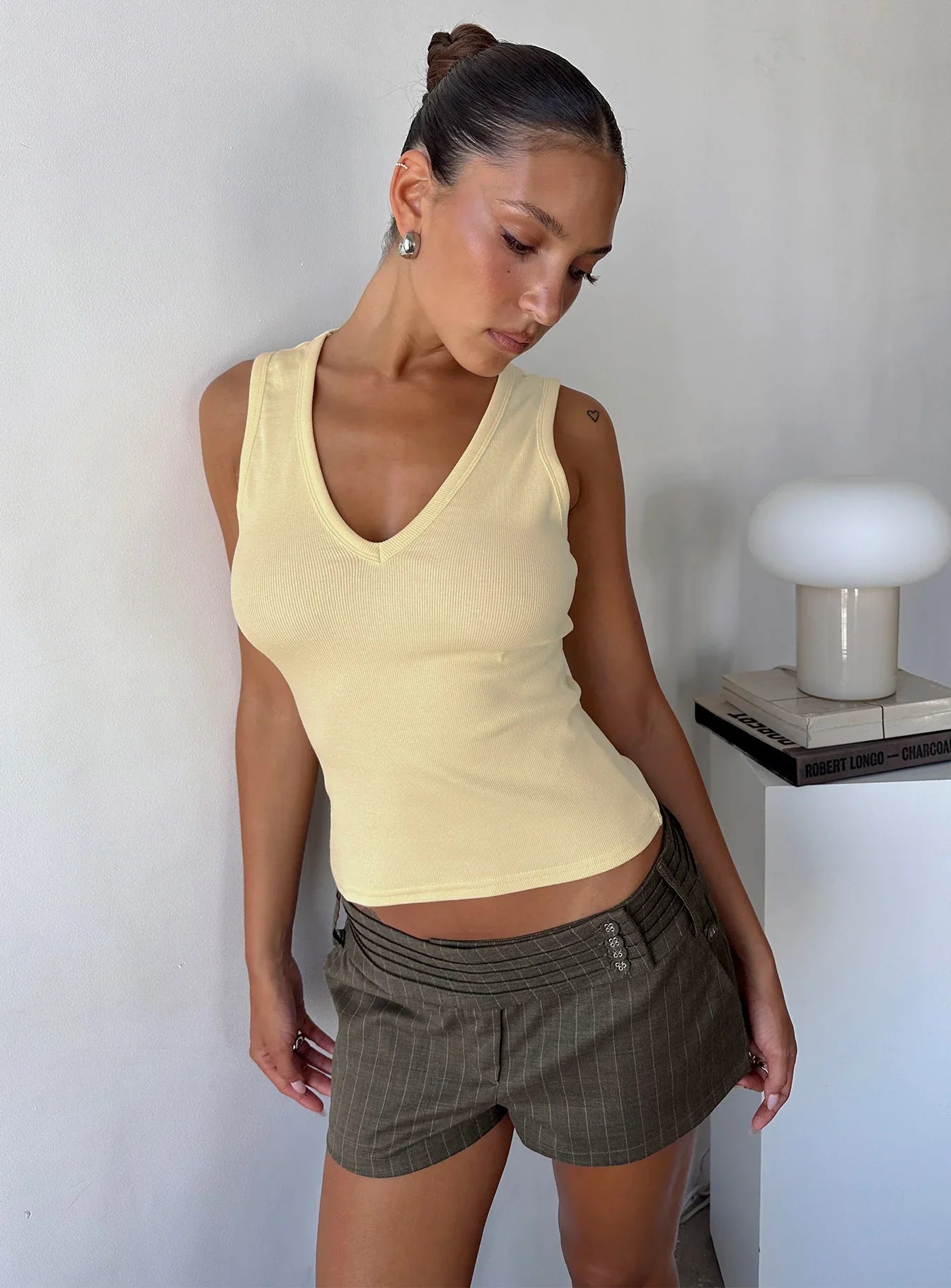 Body Electric Low Rise Shorts Brown Pinstripe